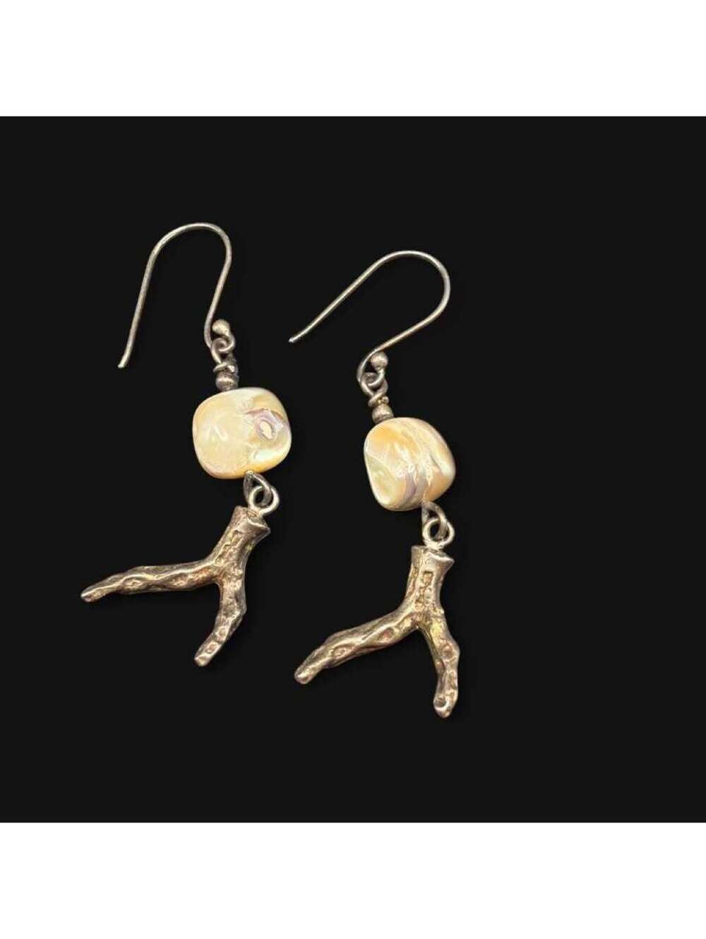 Silver Tone Coral Branch and Mother of Pearl Dangle Earrings